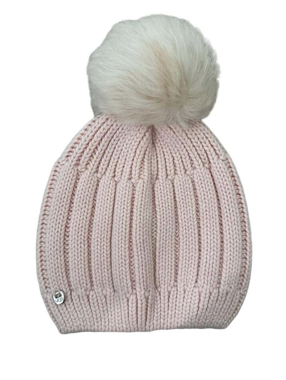 UGG Beanie O/S Pink Rib Knit Faux Fur Pom Pom Winter Hat